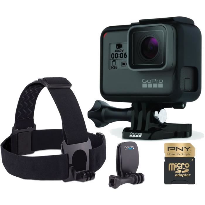 GOPRO HERO 6 BLACK + Bandeau de fixation frontale et QuickClip + Carte Mémoire Micro SDHC 32 Go