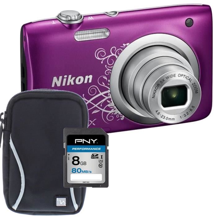 NIKON COOLPIX A100 Appareil photo numérique Compact - 20,1 mégapixels - Zoom NIKKOR - Violet + Carte 8Go + Etui