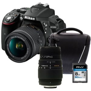 NIKON D5300 + AF-P 18-55VR Appareil photo reflex avec objectif Noir + Carte 8Go + Sacoche + Objectif Sigma 70-300 mm
