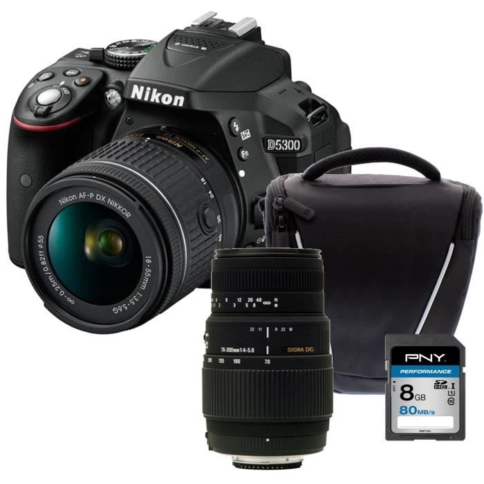 Pack Débutant : Appareil Photo Reflex NIKON D5300 + AF-P 18-55VR avec objectif Noir + Carte 8Go + Sacoche + Objectif Sigma 70-300 mm