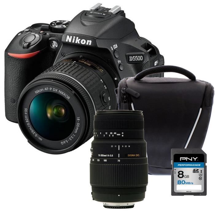 NIKON D5500 + AF-P 18-55VR Appareil photo reflex avec objectif Noir + Carte 8Go + Sacoche + Objectif Sigma 70-300 mm