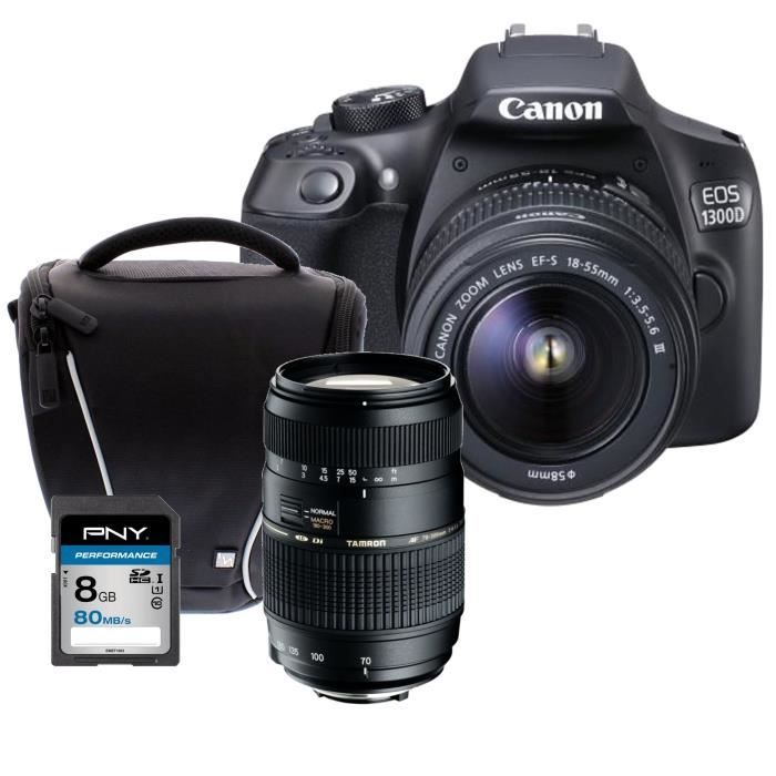Pack Débutant : CANON EOS 1300D + EF-S 18-55mm DC III Appareil photo Reflex + Carte 8Go + Sacoche + Objectif Tamron 70-300 mm