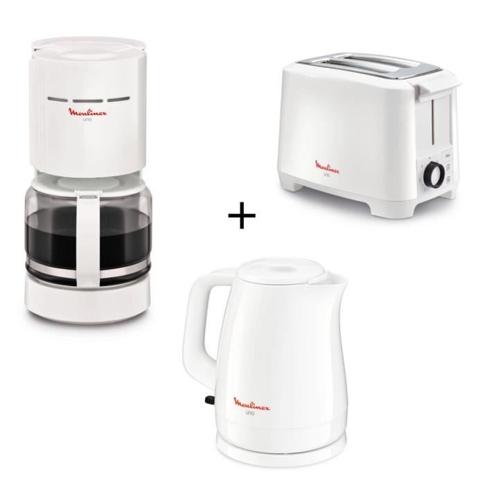 PACK MOULINEX UNO - Cafetière à filtre FG121111 + Grille Pain LT140111 + Bouilloire BY150100 - Blanc