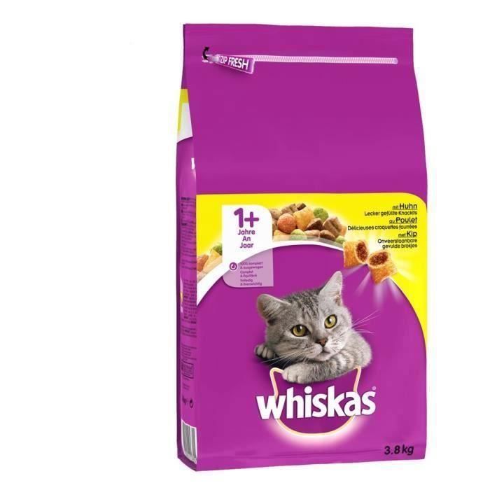 WHISKAS Croquettes au poulet - Pour chat adulte - 3,8 kg (x3)