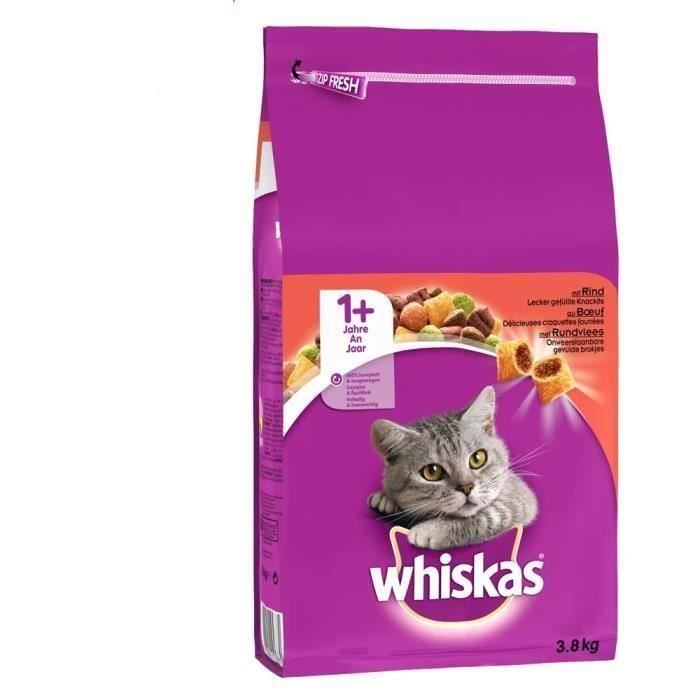WHISKAS Croquettes au bŒuf - Pour chat adulte - 3,8 kg (x3)
