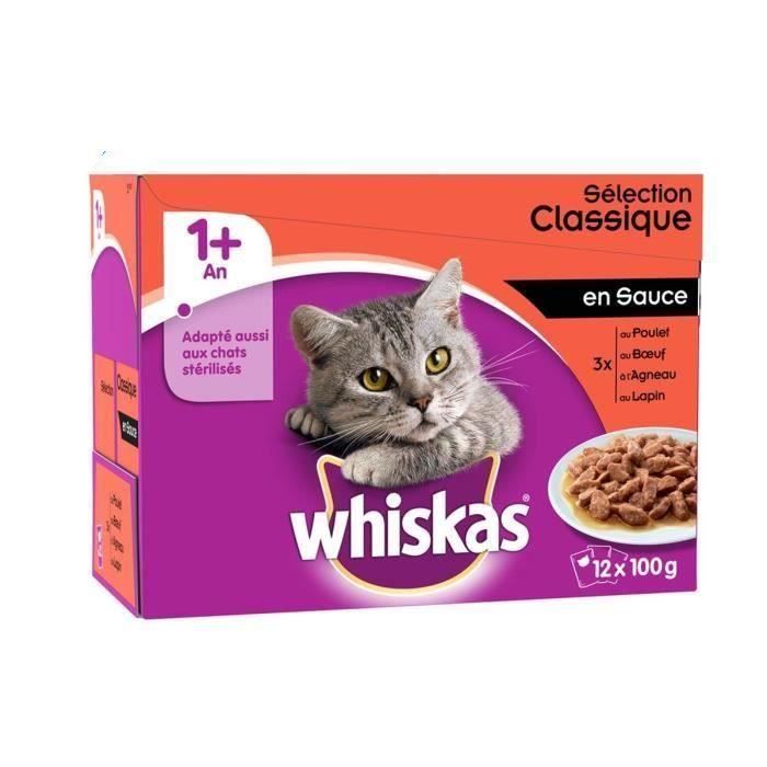 WHISKAS Sachets fraîcheur en sauce - 4 variétés - Pour chat adulte stérilisé - 12 x 100 g (x4)