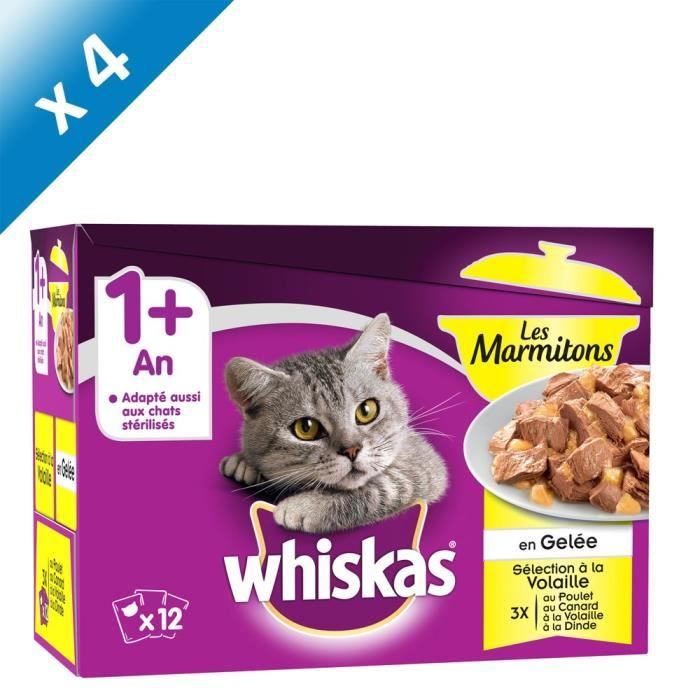 WHISKAS Les Marmitons Sachets fraîcheur en gelée - à la volaille - Pour chat - 12 x 85 g (x4)
