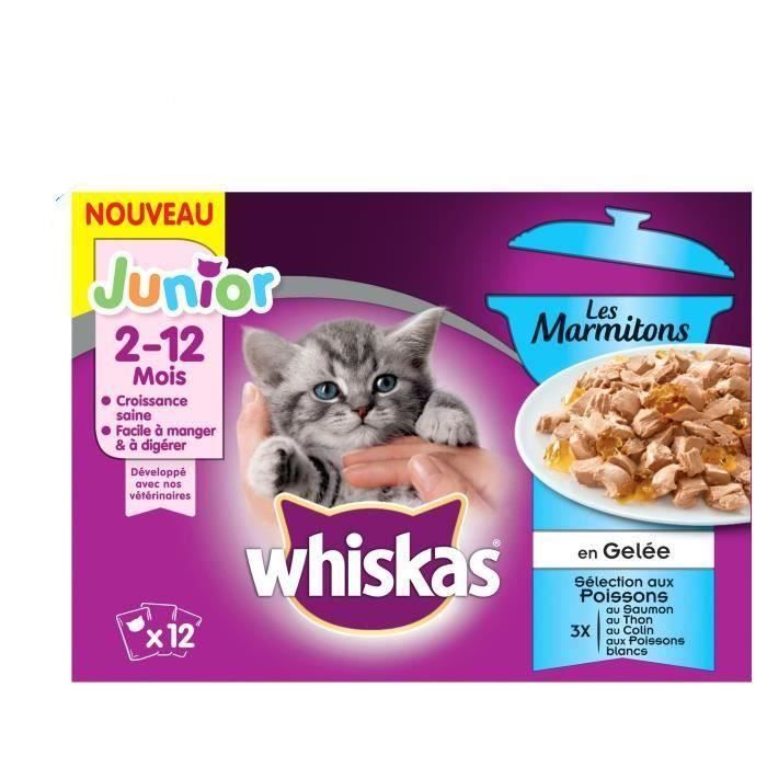 WHISKAS Les Marmitons Junior - Sachets fraîcheur aux poissons en gelée - 4 variétés - Pour chaton - 12 x 85 g (x4)
