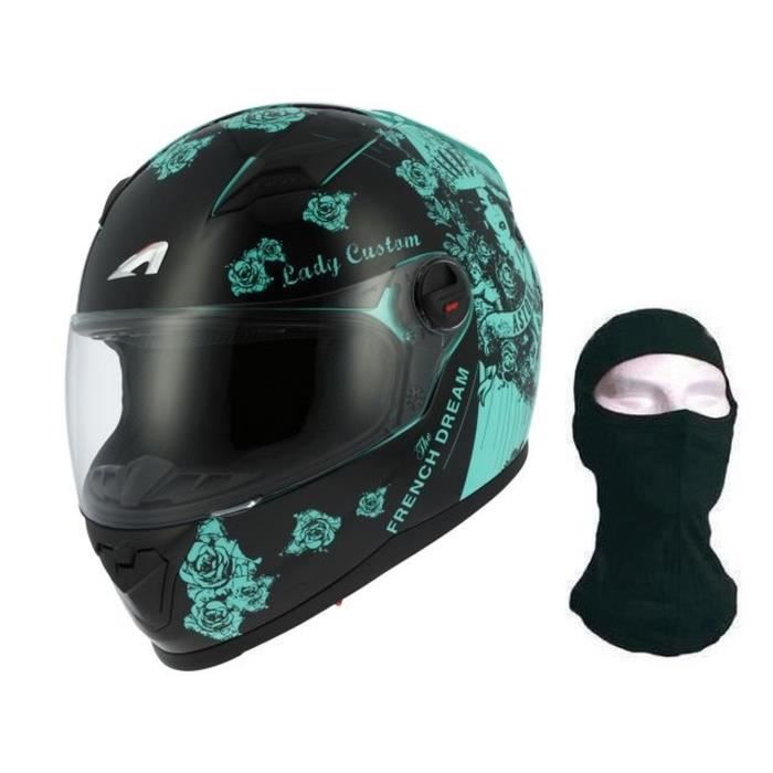 ASTONE Casque Intégral GT Lady Custom Noir et Vert + Cagoule