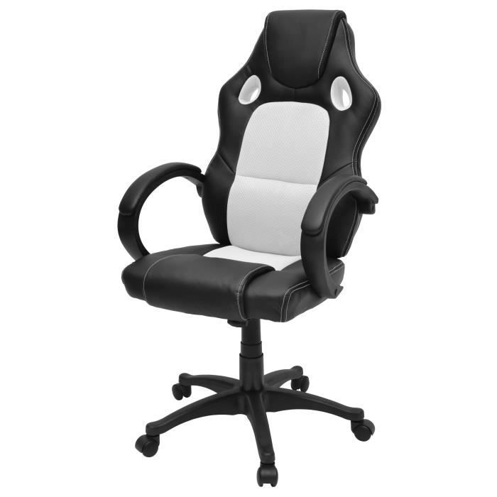 DRIFT Fauteuil de bureau gaming design baquet - Simili noir et tissu blanc - Style contemporain - L 70 x P 64 cm