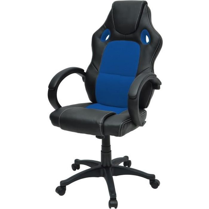 DRIFT Fauteuil de bureau gaming design baquet - Simili noir et tissu bleu - Style contemporain - L 50 x P 42.5 cm