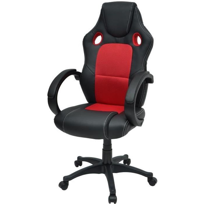 DRIFT Fauteuil de bureau gaming design baquet - Simili noir et tissu rouge - Style contemporain - L 50 x P 42.5 cm