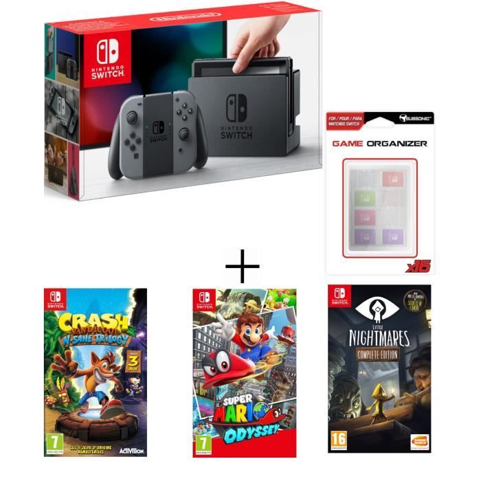 Pack Nintendo Switch Grise + Crash bandicoot N.Sane Trilogy + Little Nightmares + Mario Kart 8 Deluxe + Boitier de rangement 16 jeux