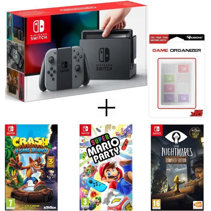 Pack Nintendo Switch Grise + Crash bandicoot N.Sane Trilogy + Little Nightmares + Super Mario Party + Boitier de rangement 16 jeux
