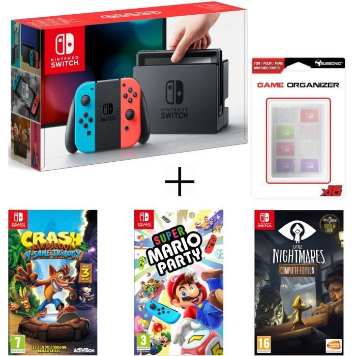 Pack Nintendo Switch Néon + Crash bandicoot N.Sane Trilogy + Super Mario Party + Little Nightmares + Boitier de rangement 16 jeux