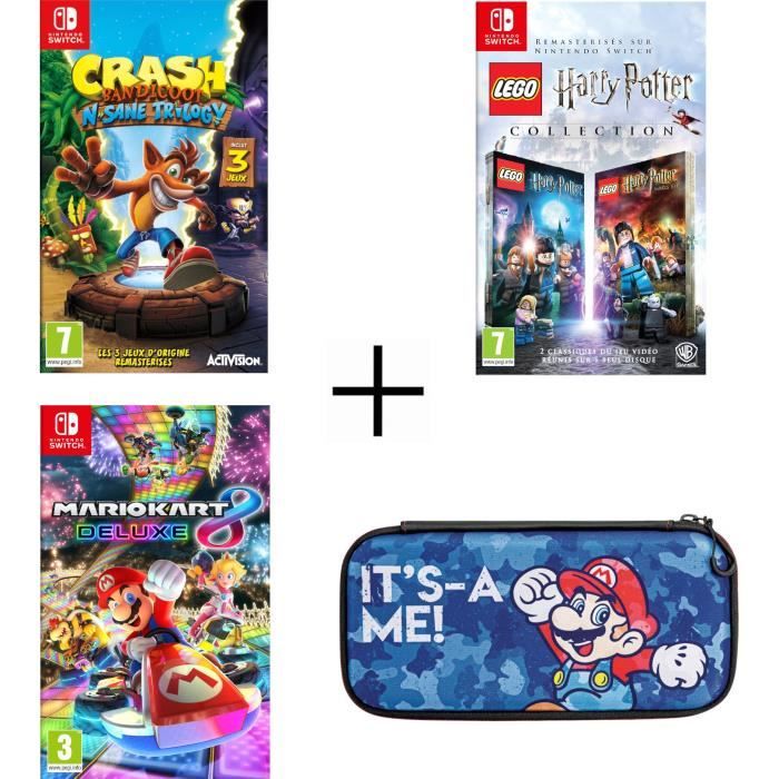 Pack 3 jeux Nintendo Switch : Crash Bandicoot N. Sane Trilogy + Lego + Mario Kart 8 Deluxe + Housse