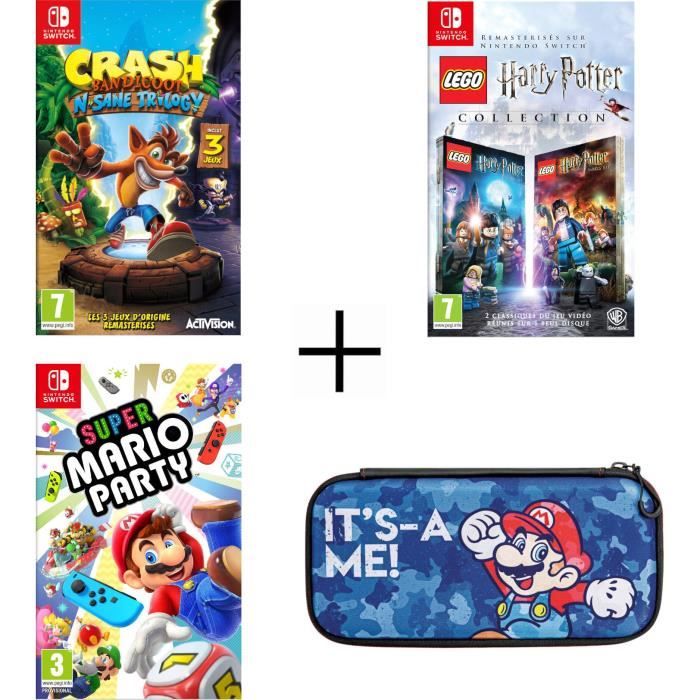 Pack 3 jeux Nintendo Switch : Crash Bandicoot N. Sane Trilogy + Lego + Super Mario Party + Housse
