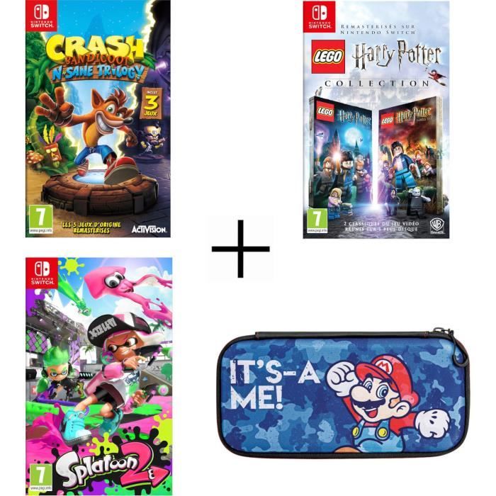 Pack 3 jeux Nintendo Switch : Crash Bandicoot N. Sane Trilogy + Lego + Splatoon + Housse