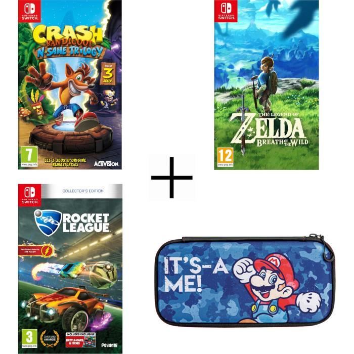 Pack 3 jeux Nintendo Switch : Crash Bandicoot N. Sane Trilogy + Rocket League + Zelda + Housse