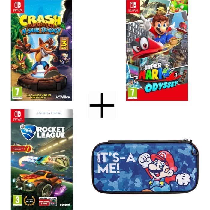 Pack 3 jeux Nintendo Switch : Crash Bandicoot N. Sane Trilogy + Rocket League + Super Mario Odyssey + Housse