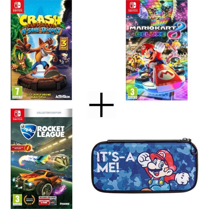 Pack 3 jeux Nintendo Switch : Crash Bandicoot N. Sane Trilogy + Rocket League + Mario Kart 8 Deluxe + Housse