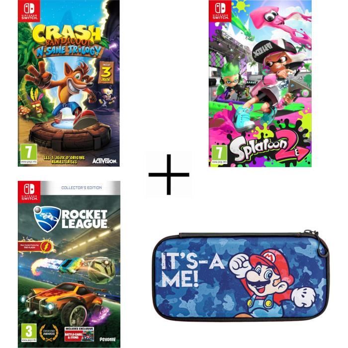 Pack 3 jeux Nintendo Switch : Crash Bandicoot N. Sane Trilogy + Rocket League + Splatoon 2 + Housse