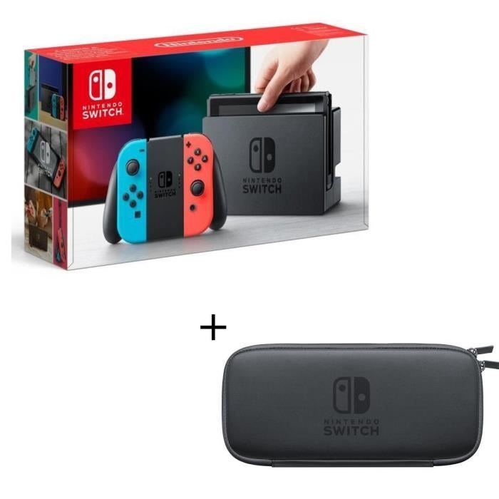 Console Nintendo Switch avec un Joy-Con droit rouge néon et un Joy-Con gauche bleu néon + Pochette transport + Protection d'écran