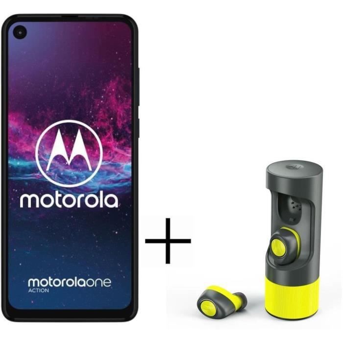 PACK MOTOROLA One Action Denim Blue 128 Go + Écouteurs sans fil Ear Vervebuds One Plus Noir