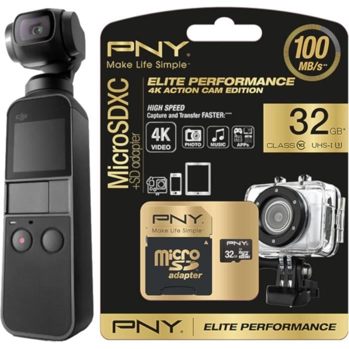 DJI Osmo Pocket - Caméra Stabilisée - Vidéo 4K/60 IPS + PNY Elite Performance Carte Mémoire Micro SDHC 32 Go