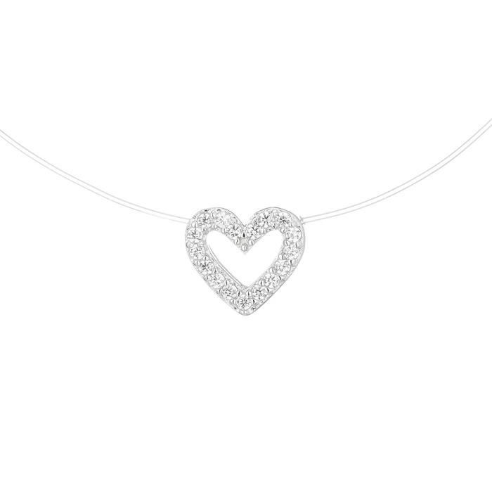 MONPLAISIR Collier Argent Fin 925/1000 Fil Nylon Forme CŒur