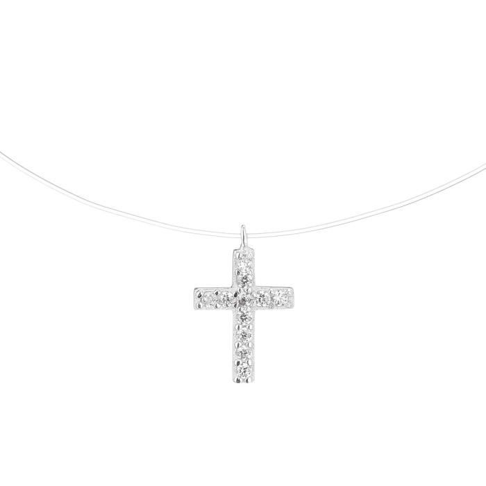 MONPLAISIR Collier Argent Fin 925/1000 Fil Nylon Forme Croix