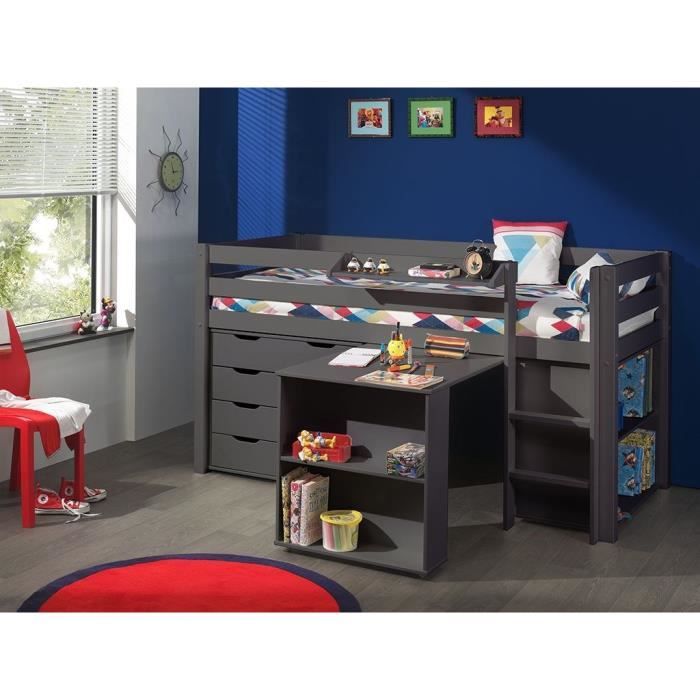 PINO Lit mezzanine 90x200 cm + bureau + bibliothèque + commode - Gris