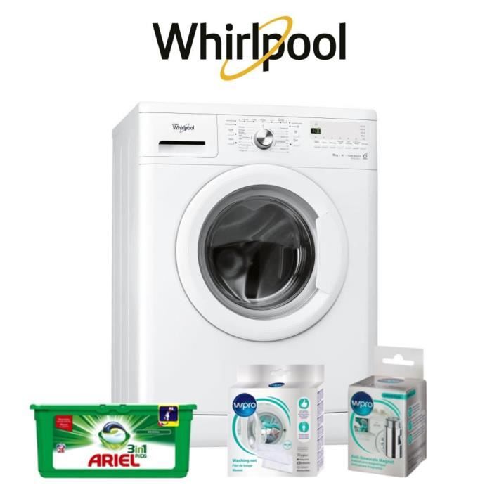 Pack tout inclus : Lave linge Whirlpool + Lessive ARIEL PODS + Maxi filet de lavage + Anti-calcaire magnétique