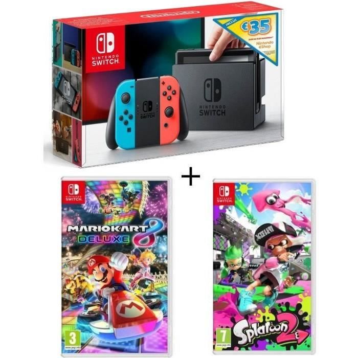 Console Nintendo Switch avec paire de Joy-Con néon + Mario Kart 8 Deluxe + Splatoon 2 + code téléchargement 35€ Nintendo eShop