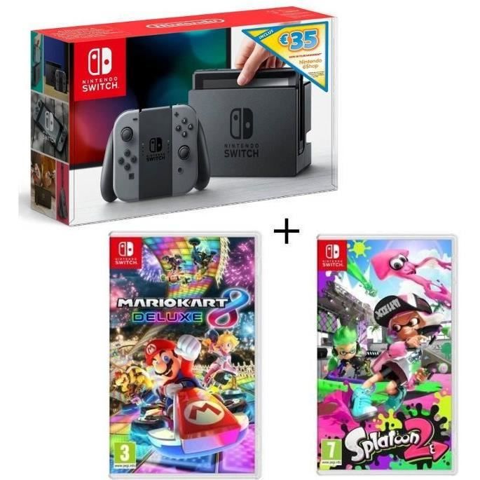 Pack Nintendo Switch Grise Edition Limitée + Splatoon 2 + Mario Kart 8 Deluxe + code téléchargement 35€ Nintendo eShop