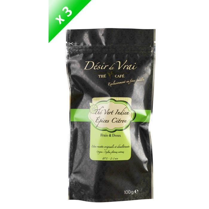 DESIR DE VRAI Lot de 3 Thés Vert Indien Epices Citron Ceylan n°52 100g