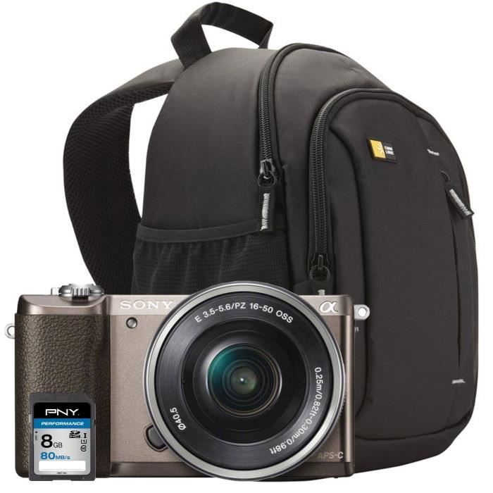 SONY ILCE5100LT Appareil photo numérique Hybride 24 MP Brun + Carte mémoire SDHC 8Go + Sac à dos
