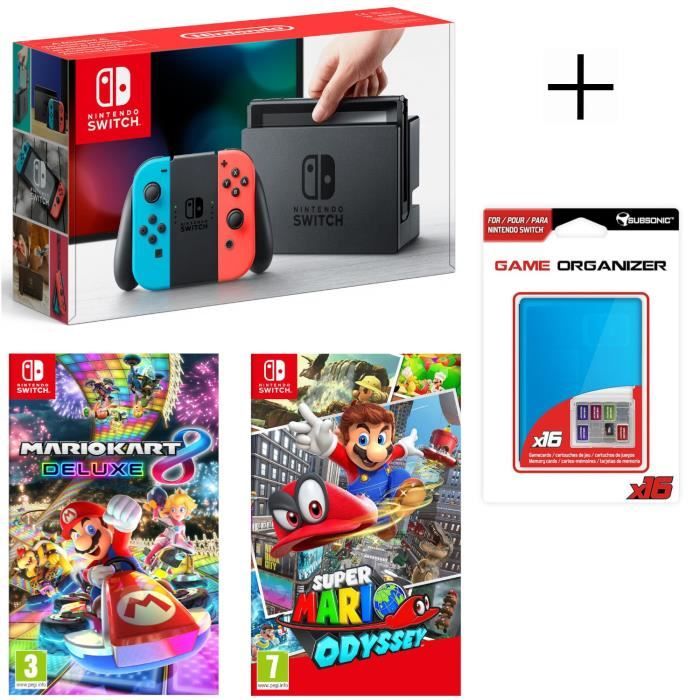 Console Nintendo Switch avec paire de Joy-Con néon + Super Mario Odyssey + Mario Kart 8 Deluxe + Boitier rangement jeux et carte SD