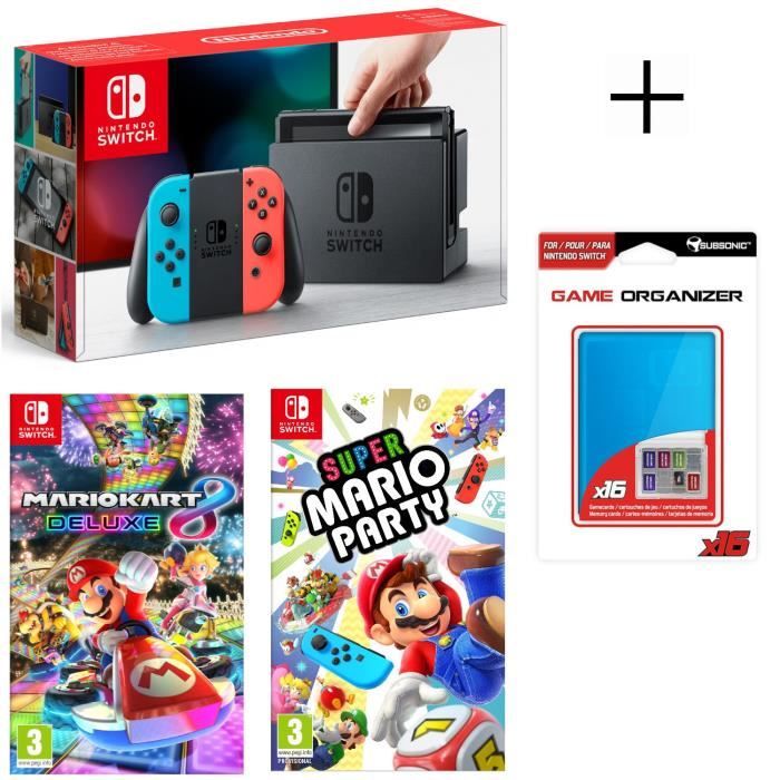 Console Nintendo Switch Néon + Super Mario Party + Mario Kart 8 Deluxe + Boitier de rangement pour jeux et pour carte SD