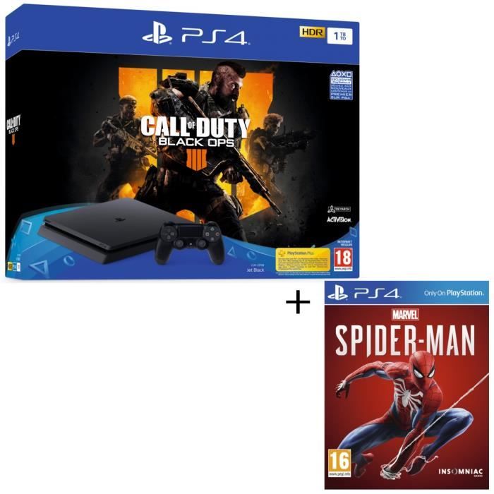 Pack PS4 1 To Noire + 2 jeux PS4 : Call of Duty Black Ops 4 + Marvel's Spider-Man