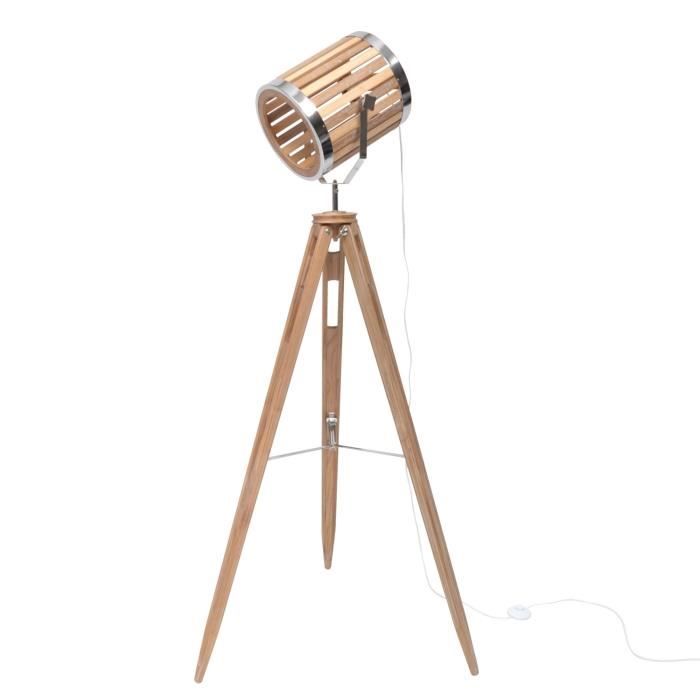 SPOT Lampadaire cinéma trépied - 65 x 55 x H151 cm - Pieds bois - Abat-jour bois/métal
