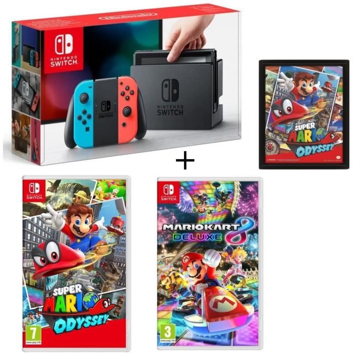 Console Nintendo Switch avec paire de Joy-Con néon + Super Mario Odyssey + Mario Kart 8 Deluxe + cadre Super Mario Odyssey 3D