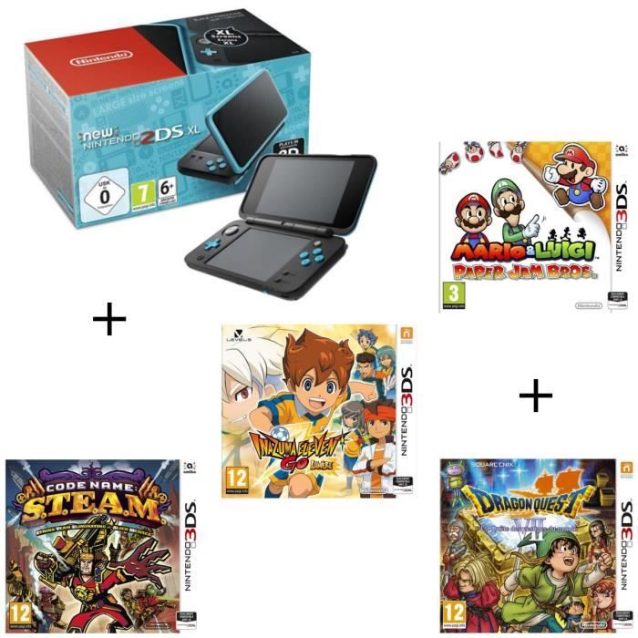 4 jeux + console New Nintendo 2DS XL Noire&Turquoise + Mario & Luigi Paper Jam Bros + Code Name STEAM + Inazuma ElevenGoLumière + Dr