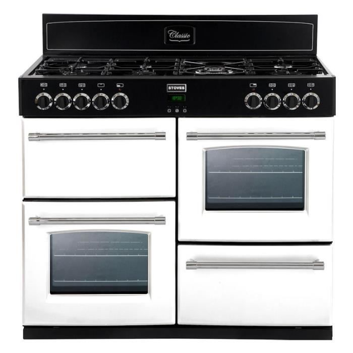 STOVES PSTGOUR110DFTWH -Piano de cuisson table gaz-7 brûleurs-Four électrique-4 cavités-Email pristine-69-69-39L-A-Blanc