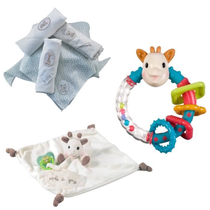 SOPHIE LA GIRAFE Ensemble Set de 4 Langes Bébé + Doudou avec Attache Sucette + Hochet Multi-Texturé