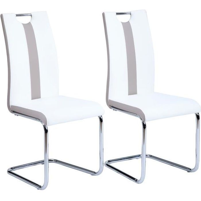 JADE Lot de 2 chaises de salle a manger - Simili blanc et beige - Style contemporain - L 43 x P 58 cm