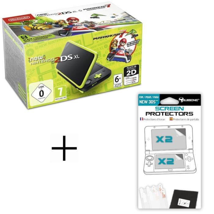 Pack New 2DS XL Noir/Citron vert + Mario Kart 7 + Ecran de protection