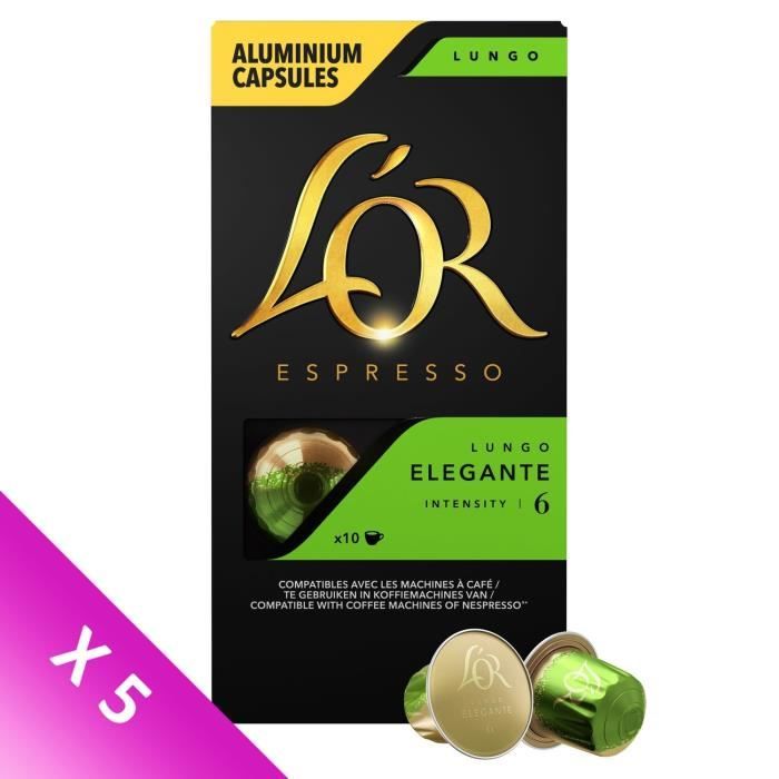 L'OR ESPRESSO Café Lungo Elégante Intensité 6 - 5 paquets de 10 capsules en aluminium