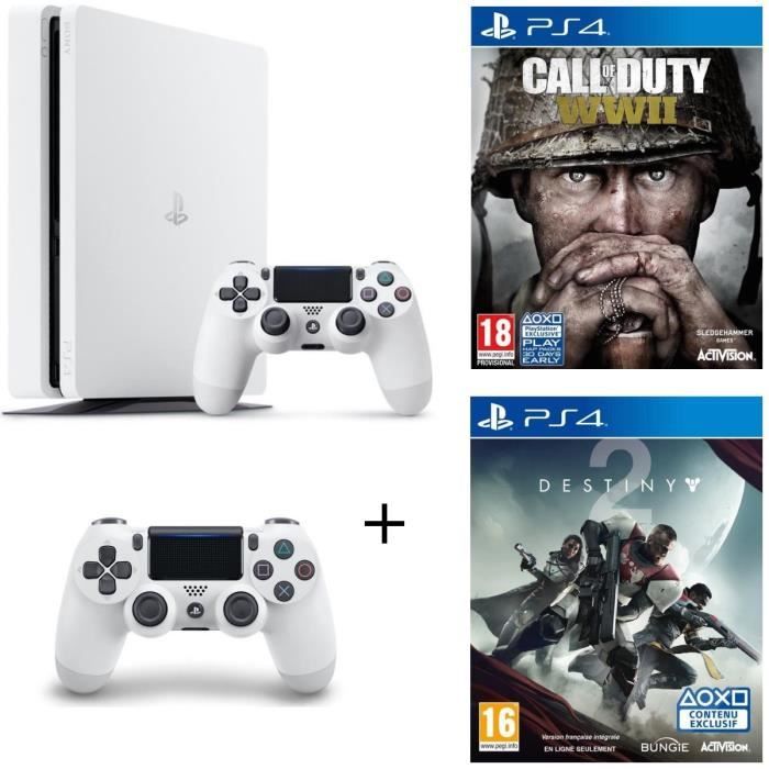 Pack Nouvelle PS4 Slim 500 Go Châssis E + Manette DualShock 4: Glacier White + Call of Duty World War II + Destiny 2 jeux PS4