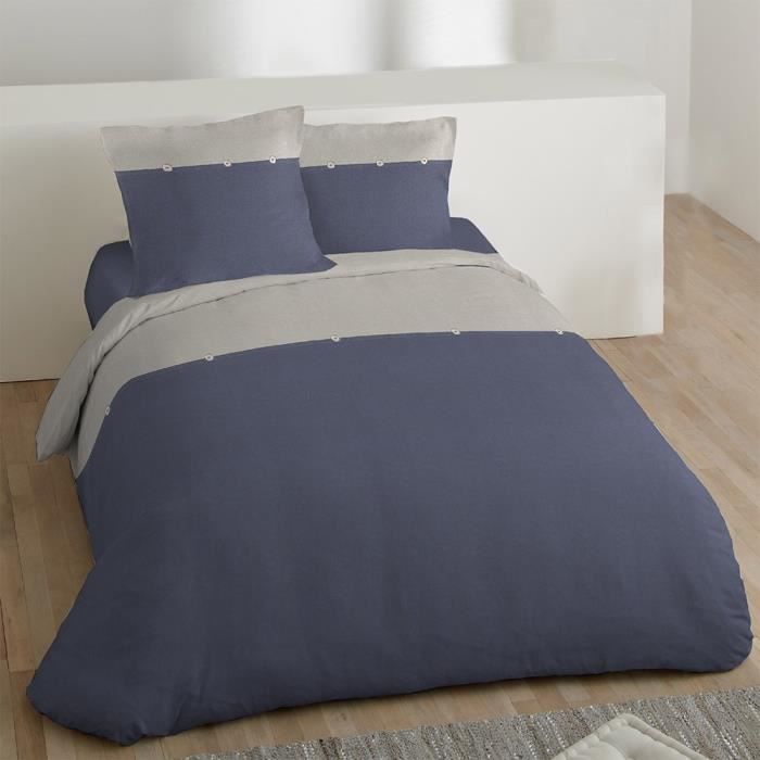 COTE DECO Housse de couette 100% coton lavé 220x240 cm - Bleu navy et gris éléphant